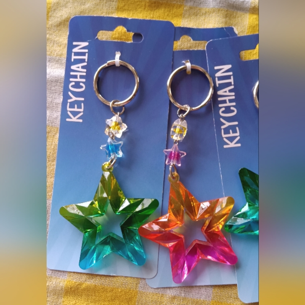 Iridescent Star & Heart Acrylic Keychain Set - Teal, Pink, Orange, Green - Picture 2 of 3